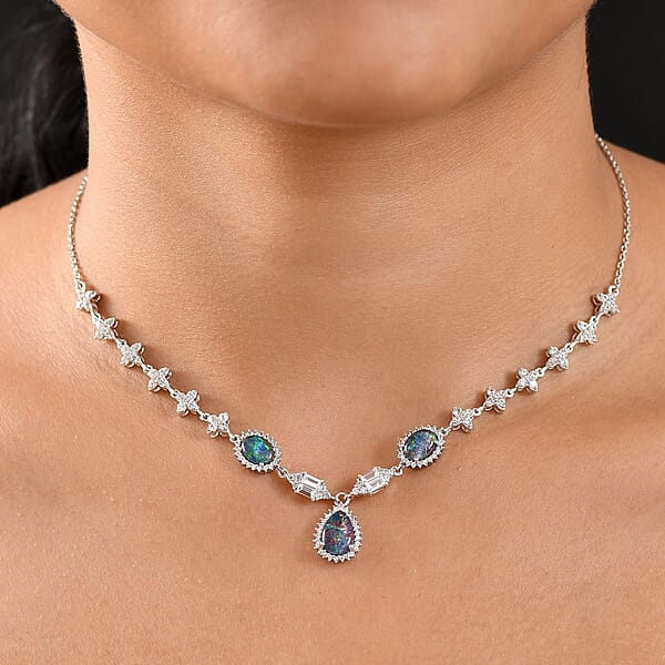 D'Joy Elysian Opal (Triplet) And White Zircon 6.75 Ctw City Skylines Necklace In Rhodium Over Sterling Silver 18 Inches