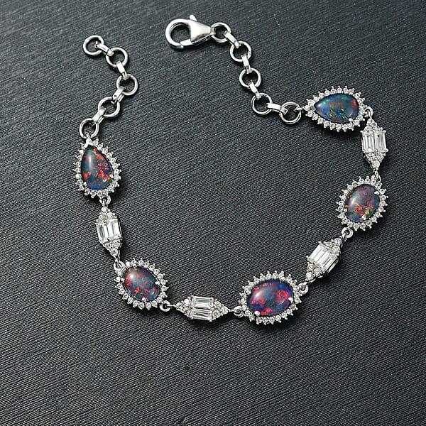 D'Joy Elysian Opal (Triplet) And White Zircon 8.00 Ctw City Skylines Bracelet In Rhodium Over Sterling Silver (7.25 In)