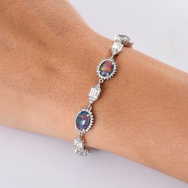 D'Joy Elysian Opal (Triplet) And White Zircon 8.00 Ctw City Skylines Bracelet In Rhodium Over Sterling Silver (7.25 In)