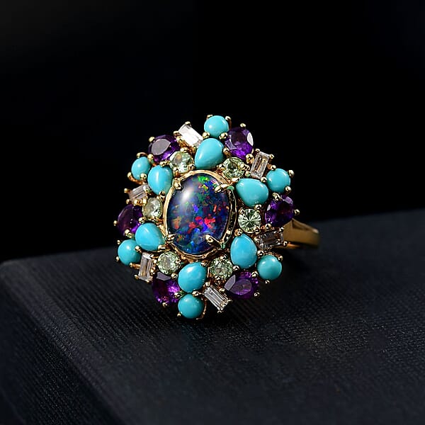 D'Joy Elysian Opal (Triplet) Multi Gemstone Bloom Ring In 18K Vermeil YG Over Sterling Silver 4.50 Ctw