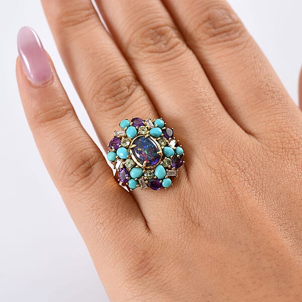 D'Joy Elysian Opal (Triplet) Multi Gemstone Bloom Ring In 18K Vermeil YG Over Sterling Silver 4.50 Ctw