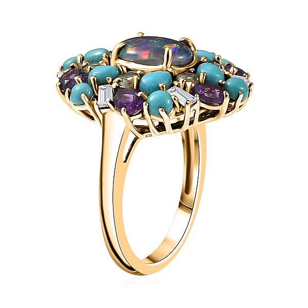D'Joy Elysian Opal (Triplet) Multi Gemstone Bloom Ring In 18K Vermeil YG Over Sterling Silver 4.50 Ctw