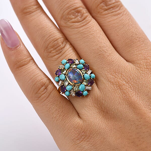 D'Joy Elysian Opal (Triplet) Multi Gemstone Bloom Ring In 18K Vermeil YG Over Sterling Silver 4.50 Ctw