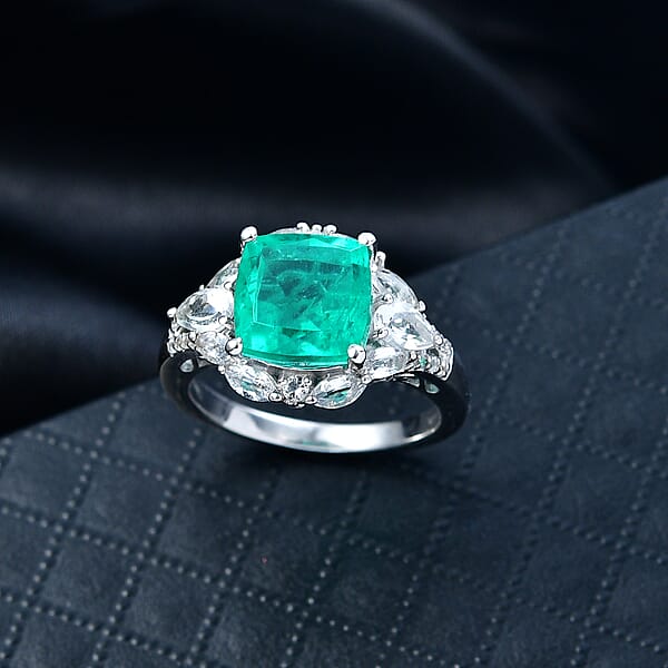 D'Joy Emeraldine Quartz (Triplet) And White Topaz 5.10 Ctw Ring In Platinum Over Sterling Silver