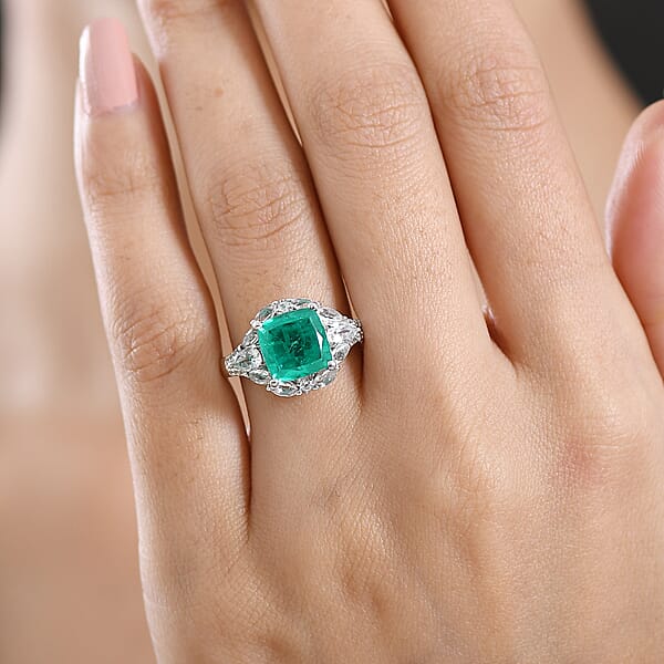 D'Joy Emeraldine Quartz (Triplet) And White Topaz 5.10 Ctw Ring In Platinum Over Sterling Silver