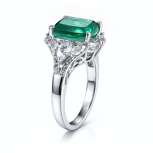 D'Joy Emeraldine Quartz (Triplet) And White Topaz 5.10 Ctw Ring In Platinum Over Sterling Silver