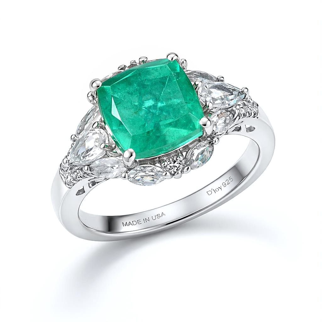 D'Joy Emeraldine Quartz (Triplet) and White Topaz 5.10 ctw Ring in Platinum Over Sterling Silver