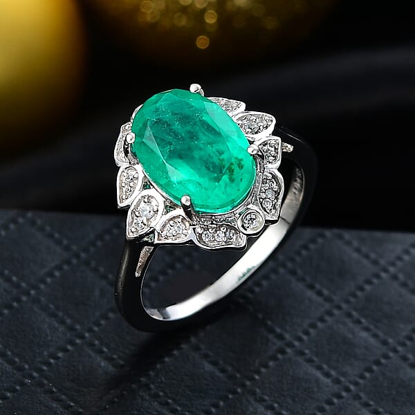 D'Joy Emeraldine Quartz (Triplet) And White Zircon 4.00 Ctw Ring In Platinum Over Sterling Silver
