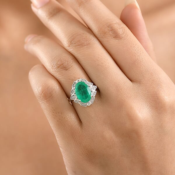 D'Joy Emeraldine Quartz (Triplet) And White Zircon 4.00 Ctw Ring In Platinum Over Sterling Silver