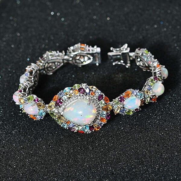 D'Joy Ethiopian Welo Opal And Multi Gemstone 30.00 Ctw Plum Blossom Bracelet In Platinum Over Sterling Silver (7.25 In)