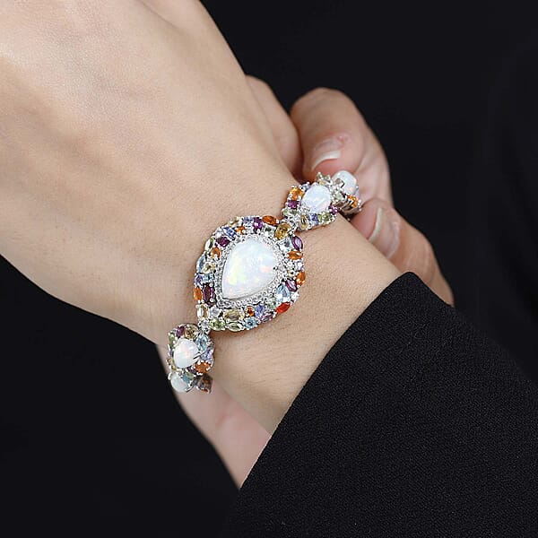 D'Joy Ethiopian Welo Opal And Multi Gemstone 30.00 Ctw Plum Blossom Bracelet In Platinum Over Sterling Silver (7.25 In)