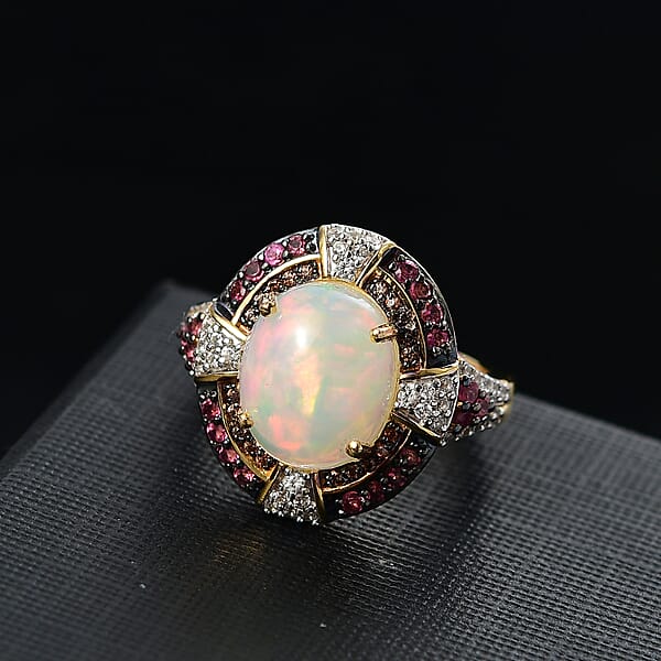 D'Joy Ethiopian Welo Opal And Multi Gemstone 4.90 Ctw Greek Cross Ring In 18K Vermeil Yellow Gold Over Sterling Silver