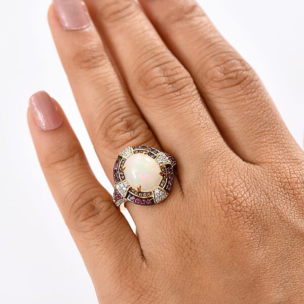 D'Joy Ethiopian Welo Opal And Multi Gemstone 4.90 Ctw Greek Cross Ring In 18K Vermeil Yellow Gold Over Sterling Silver