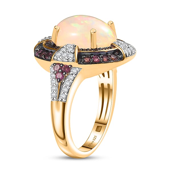 D'Joy Ethiopian Welo Opal And Multi Gemstone 4.90 Ctw Greek Cross Ring In 18K Vermeil Yellow Gold Over Sterling Silver