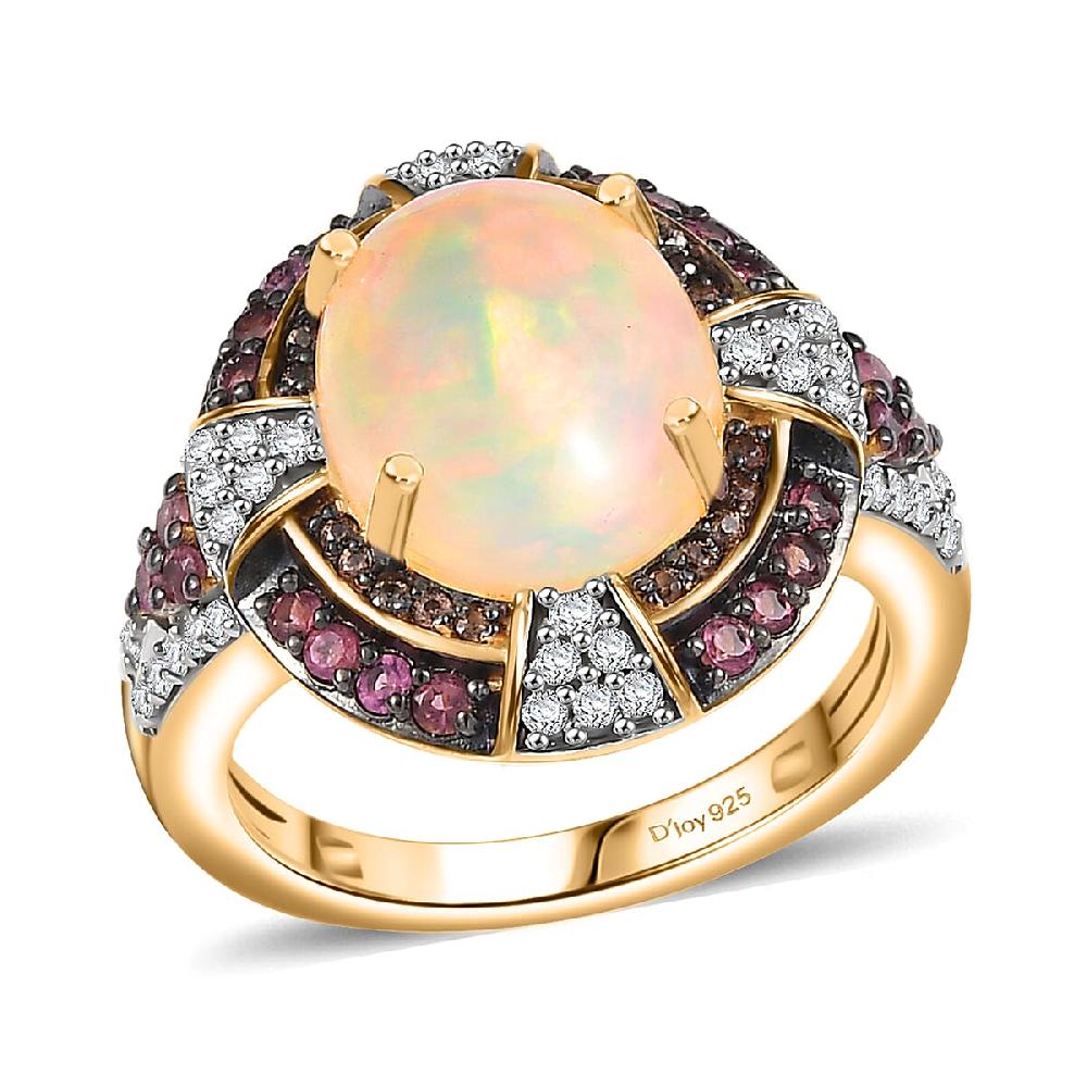 D'Joy Ethiopian Welo Opal and Multi Gemstone 4.90 ctw Greek Cross Ring in 18K Vermeil Yellow Gold Over Sterling Silver