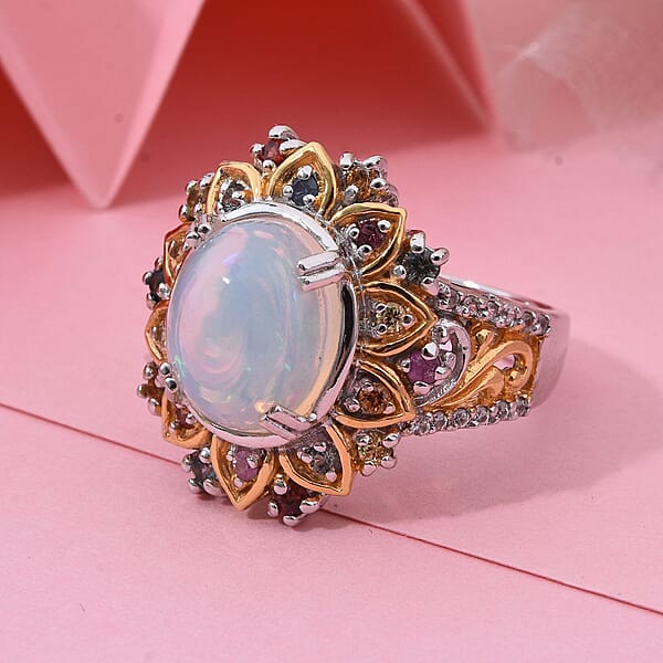 D'Joy Ethiopian Welo Opal Multi Gemstone Moonflower Ring In 18K Vermeil YG And Rhodium Over Sterling Silver 3.90 Ctw