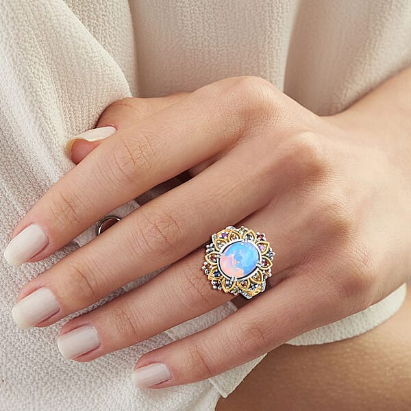 D'Joy Ethiopian Welo Opal Multi Gemstone Moonflower Ring In 18K Vermeil YG And Rhodium Over Sterling Silver 3.90 Ctw