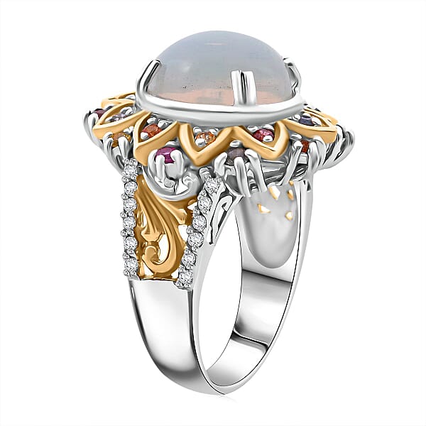 D'Joy Ethiopian Welo Opal Multi Gemstone Moonflower Ring In 18K Vermeil YG And Rhodium Over Sterling Silver 3.90 Ctw