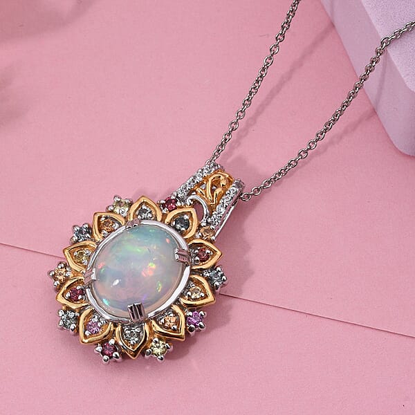 D'Joy Ethiopian Welo Opal Multi Gemstone Moonflower Pendant Necklace In 18K Vermeil YG And Rhodium Over Sterling Silver 3.85 Ctw (20 Inches)