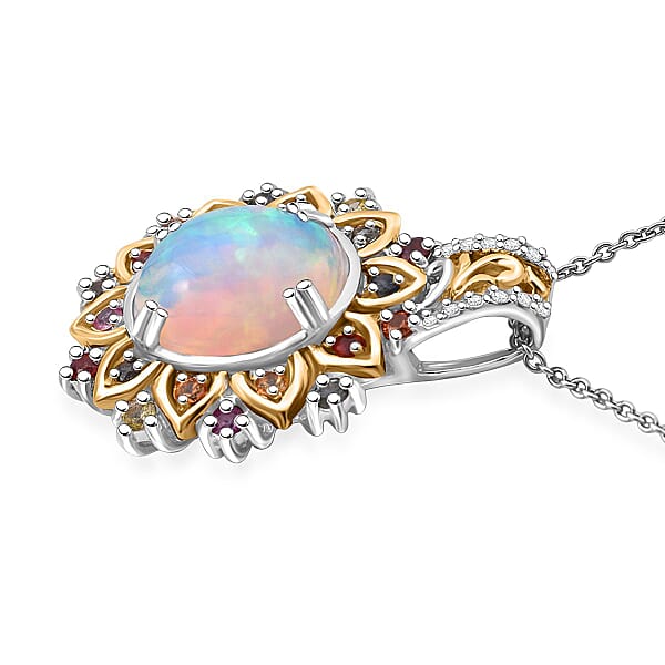 D'Joy Ethiopian Welo Opal Multi Gemstone Moonflower Pendant Necklace In 18K Vermeil YG And Rhodium Over Sterling Silver 3.85 Ctw (20 Inches)