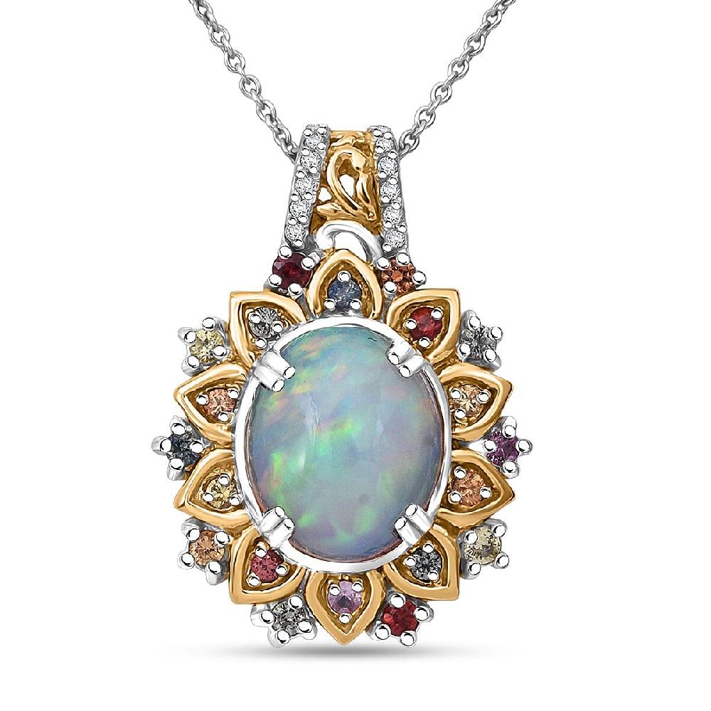 D'Joy Ethiopian Welo Opal Multi Gemstone Moonflower Pendant Necklace in 18K Vermeil YG and Rhodium Over Sterling Silver 3.85 ctw (20 Inches)