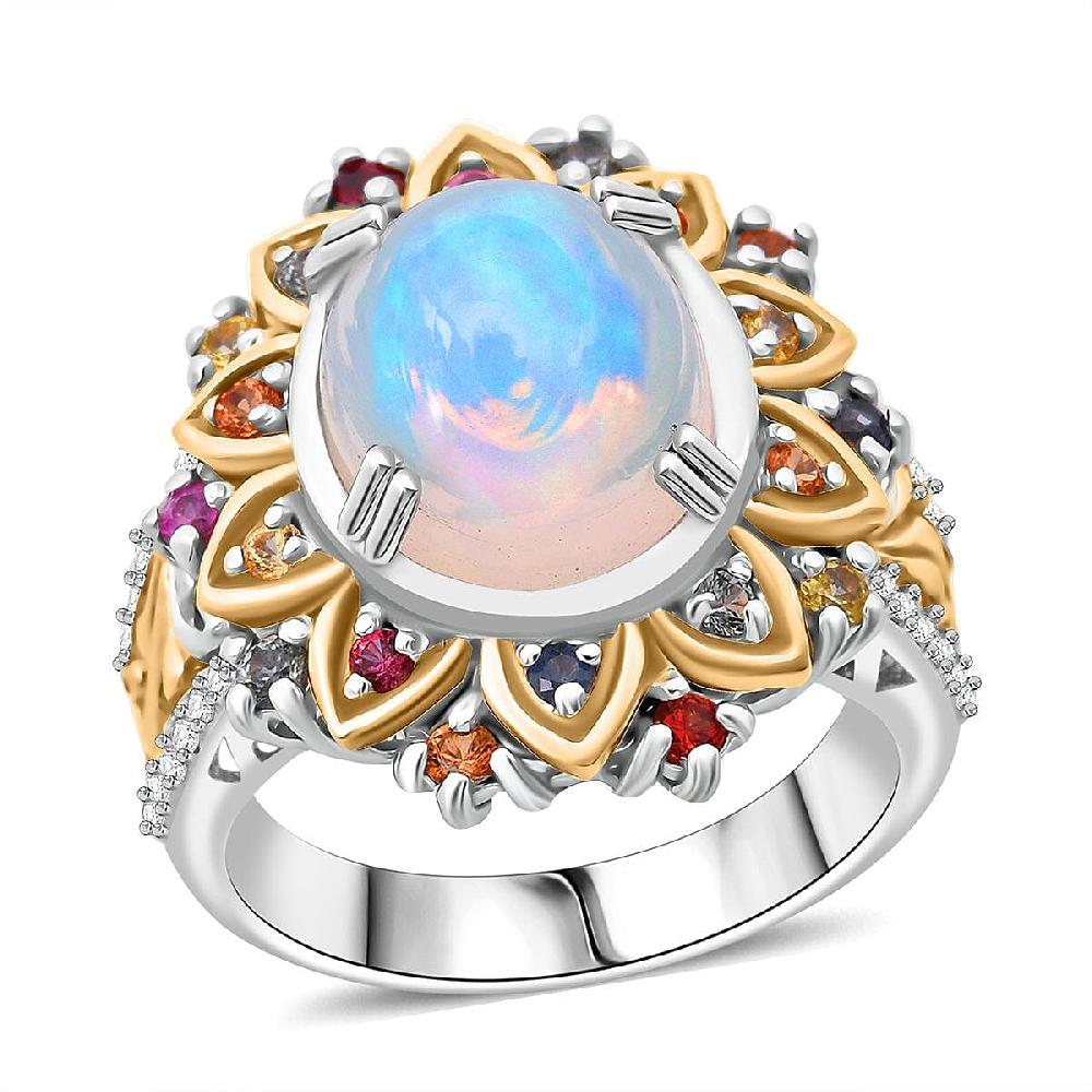 D'Joy Ethiopian Welo Opal Multi Gemstone Moonflower Ring in 18K Vermeil YG and Rhodium Over Sterling Silver 3.90 ctw
