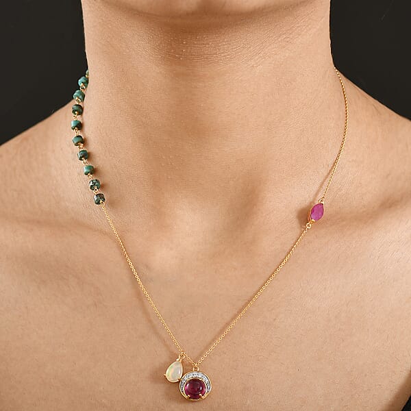 D'Joy Ethiopian Welo Opal Multi Gemstone Necklace In 18K Vermeil YG Over Sterling Silver 10.35 Ctw (18-20 Inches)