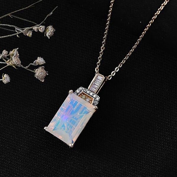 D'Joy Ethiopian Welo Opal Natural Yellow And White Diamond Art Deco Pendant Necklace In 18K Vermeil YG Over Sterling Silver 2.30 Ctw (20 Inches)