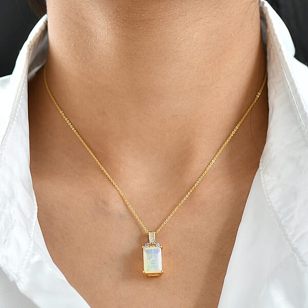 D'Joy Ethiopian Welo Opal Natural Yellow And White Diamond Art Deco Pendant Necklace In 18K Vermeil YG Over Sterling Silver 2.30 Ctw (20 Inches)