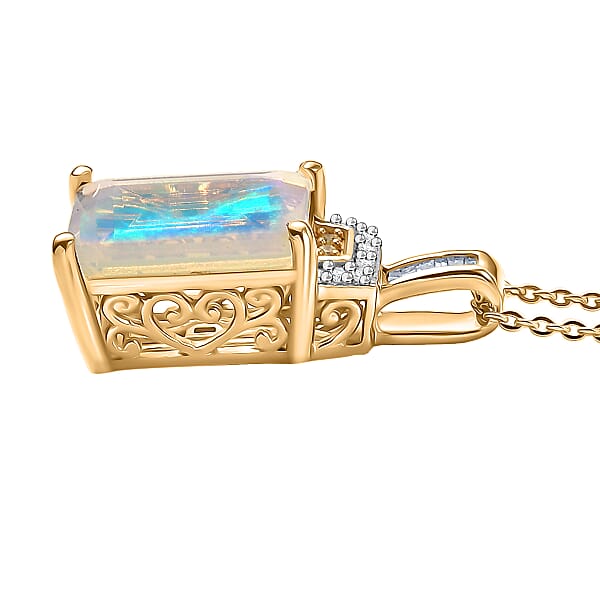 D'Joy Ethiopian Welo Opal Natural Yellow And White Diamond Art Deco Pendant Necklace In 18K Vermeil YG Over Sterling Silver 2.30 Ctw (20 Inches)