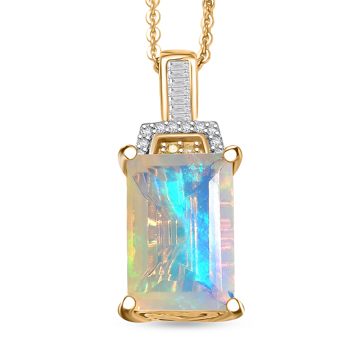 D'Joy Ethiopian Welo Opal Natural Yellow and White Diamond Art Deco Pendant Necklace in 18K Vermeil YG Over Sterling Silver 2.30 ctw (20 Inches)