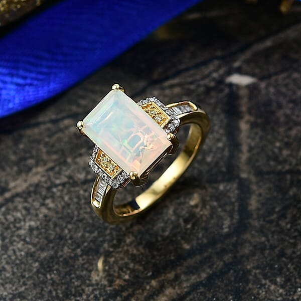 D'Joy Ethiopian Welo Opal Natural Yellow White Diamond Art Deco Ring In 18K Vermeil YG Over Sterling Silver 2.70 Ctw