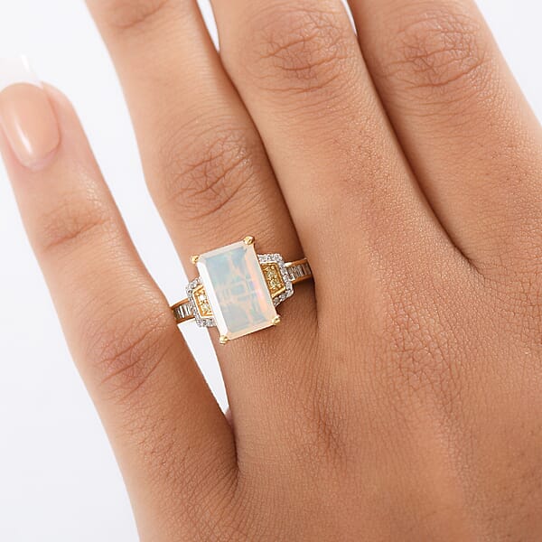 D'Joy Ethiopian Welo Opal Natural Yellow White Diamond Art Deco Ring In 18K Vermeil YG Over Sterling Silver 2.70 Ctw