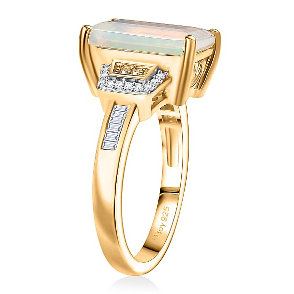 D'Joy Ethiopian Welo Opal Natural Yellow White Diamond Art Deco Ring In 18K Vermeil YG Over Sterling Silver 2.70 Ctw