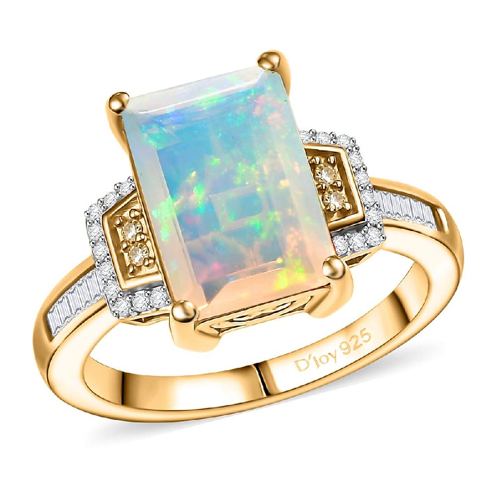D'Joy Ethiopian Welo Opal Natural Yellow White Diamond Art Deco Ring in 18K Vermeil YG Over Sterling Silver 2.70 ctw
