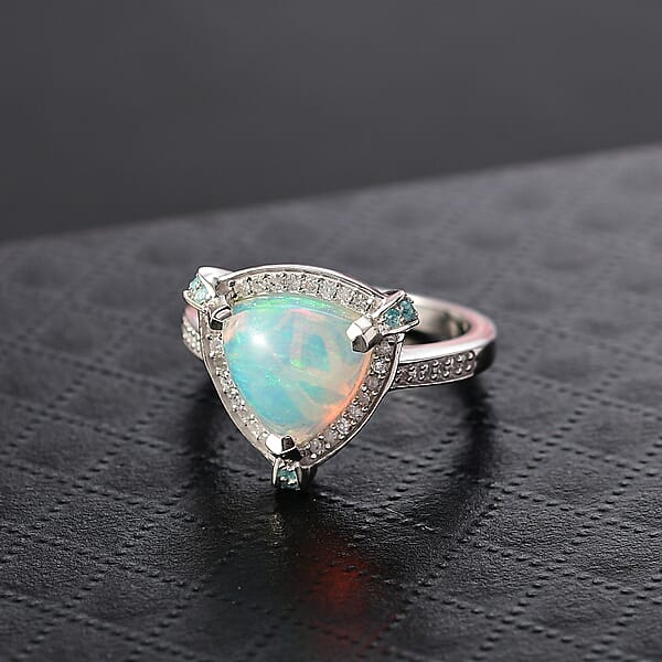 D'Joy Ethiopian Welo Opal Paraiba Tourmaline Diamond Halo Ring In Rhodium Over Sterling Silver 2.50 Ctw