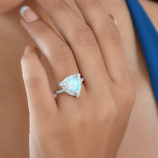 D'Joy Ethiopian Welo Opal Paraiba Tourmaline Diamond Halo Ring In Rhodium Over Sterling Silver 2.50 Ctw