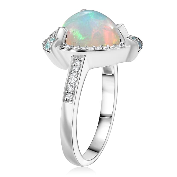 D'Joy Ethiopian Welo Opal Paraiba Tourmaline Diamond Halo Ring In Rhodium Over Sterling Silver 2.50 Ctw