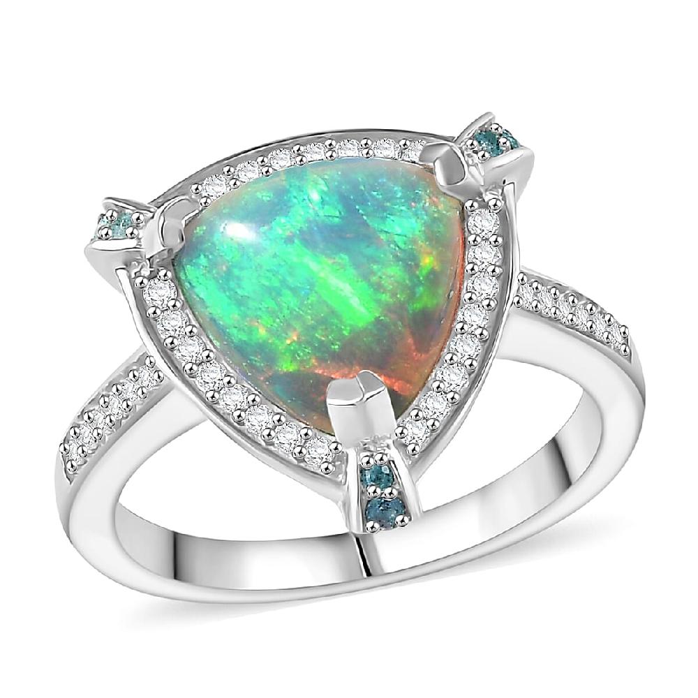 D'Joy Ethiopian Welo Opal Paraiba Tourmaline Diamond Halo Ring in Rhodium Over Sterling Silver 2.50 ctw
