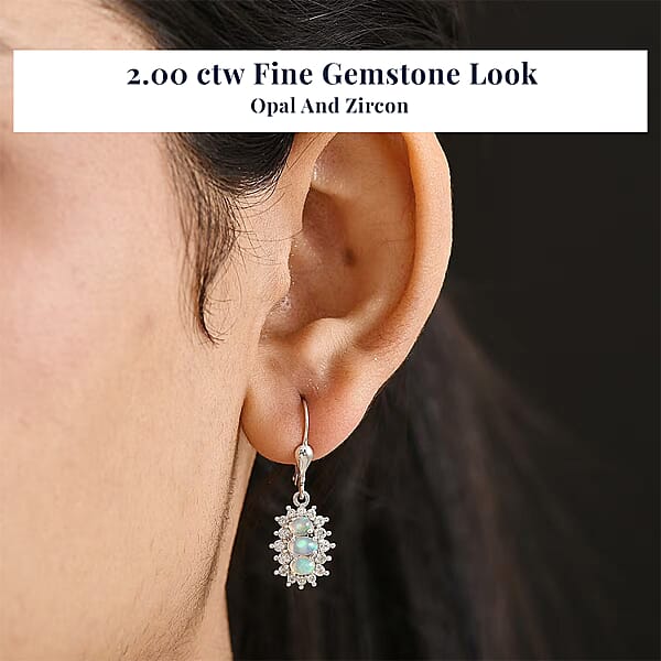D'Joy Ethiopian Welo Opal White Zircon Earrings In Platinum Over Sterling Silver 2.00 Ctw