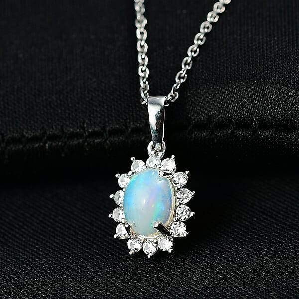 D'Joy Ethiopian Welo Opal White Zircon Pendant In Platinum Over Sterling Silver With Stainless Steel Necklace 1.90 Ctw (20 Inches)