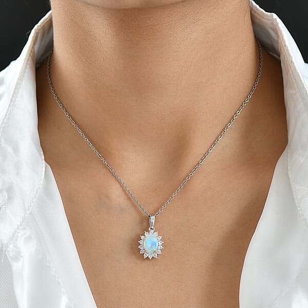 D'Joy Ethiopian Welo Opal White Zircon Pendant In Platinum Over Sterling Silver With Stainless Steel Necklace 1.90 Ctw (20 Inches)