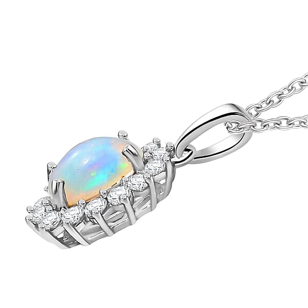 D'Joy Ethiopian Welo Opal White Zircon Pendant In Platinum Over Sterling Silver With Stainless Steel Necklace 1.90 Ctw (20 Inches)