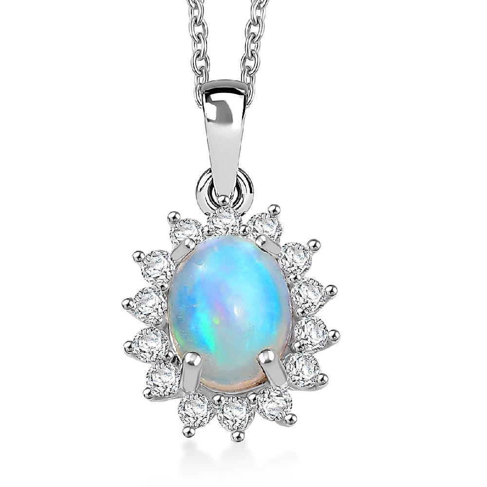 D'Joy Ethiopian Welo Opal White Zircon Pendant in Platinum Over Sterling Silver with Stainless Steel Necklace 1.90 ctw (20 Inches)