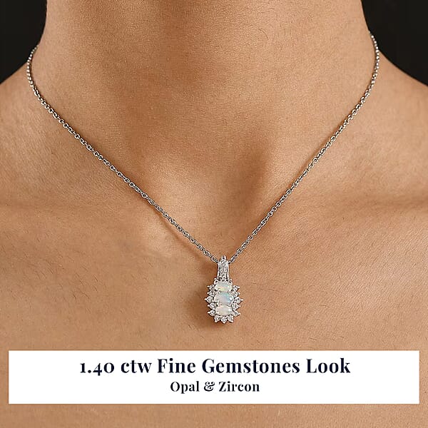 D'Joy Ethiopian Welo Opal White Zircon Pendant Necklace In Platinum Over Sterling Silver 1.40 Ctw (20 Inches)