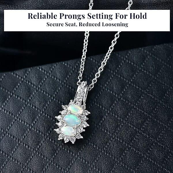 D'Joy Ethiopian Welo Opal White Zircon Pendant Necklace In Platinum Over Sterling Silver 1.40 Ctw (20 Inches)