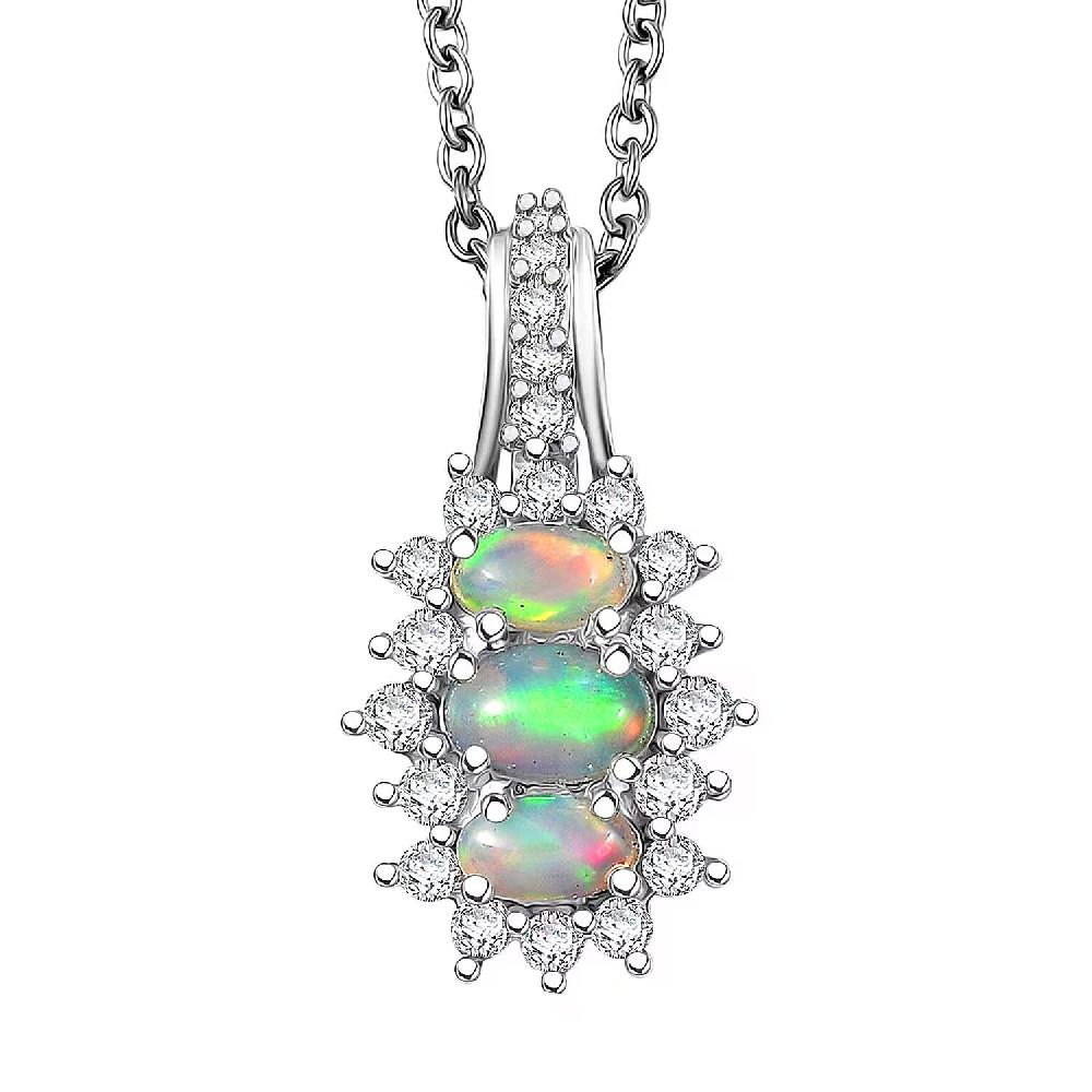 D'Joy Ethiopian Welo Opal White Zircon Pendant Necklace in Platinum Over Sterling Silver 1.40 ctw (20 Inches)