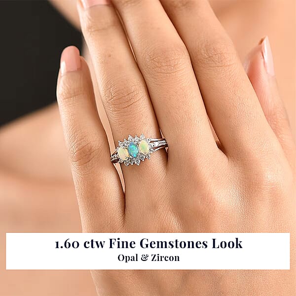 D'Joy Ethiopian Welo Opal White Zircon Ring In Platinum Over Sterling Silver 1.60 Ctw