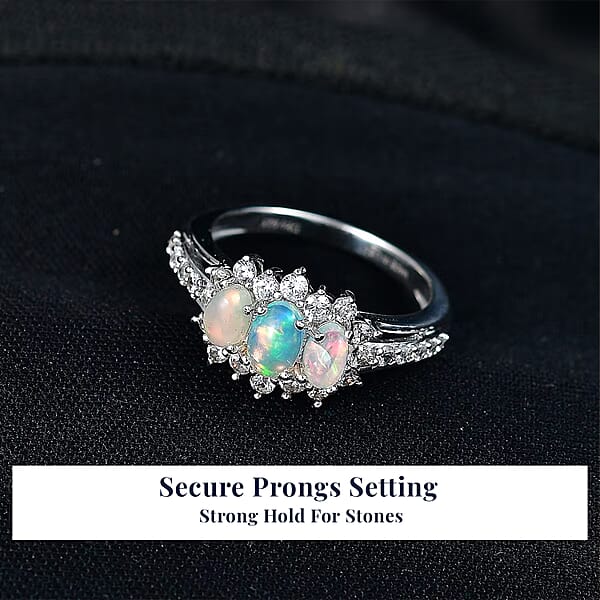 D'Joy Ethiopian Welo Opal White Zircon Ring In Platinum Over Sterling Silver 1.60 Ctw