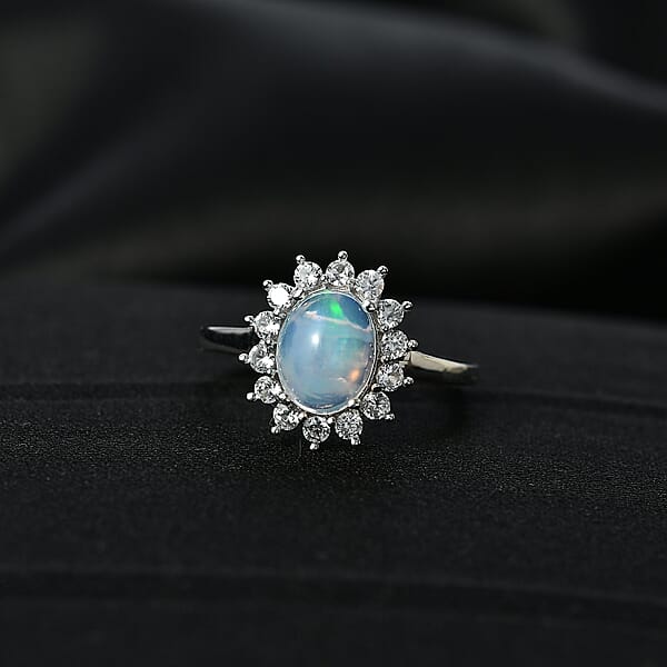 D'Joy Ethiopian Welo Opal White Zircon Ring In Platinum Over Sterling Silver 1.85 Ctw
